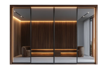 Modern sliding glass wall design showcasing a luxurious room with warm wooden paneling subtly lit featuring comfortable armchairs and a on transparent background