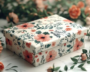 Decorative floral gift box surrounded by vibrant flowers on a marble surface