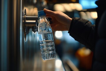 person refilling a reusable water bottle at a public refill station promoting hydration and sustainability