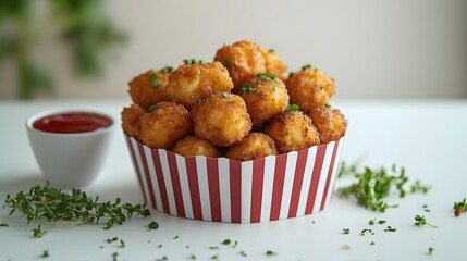 Fried chicken nuggets in red and white striped container