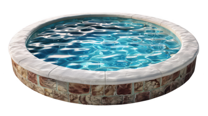 Round stone hot tub with clear blue water for relaxation and therapy use on transparent background