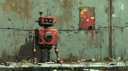 A vintage robot stands against a weathered wall, surrounded by overgrown grass and urban decay, evoking nostalgia