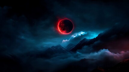 Red eclipse over a mystical mountain range.