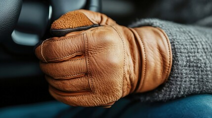A close-up of a hand firmly gripping a steering wheel, clad in warm leather gloves, perfect for evoking feelings of adventure and readiness during winter travels.