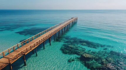 Obraz premium A breathtaking pier stretches over crystal-clear water, inviting exploration while surrounded by vibrant marine life. Soft waves lap gently at the wooden beams in tranquil sunlight