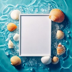  Summer holiday card with white paper and seashells in blue water.