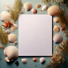 Summer beach card with seashells and floral decorations on blue background.