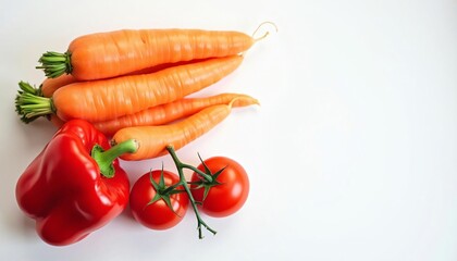 Fresh Vegetables on White Background Carrots, Bell Pepper, and Tomatoes for Culinary Use
