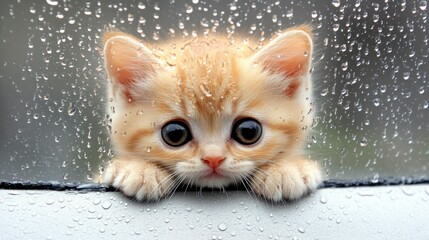 Cute kitten peering through rainy window