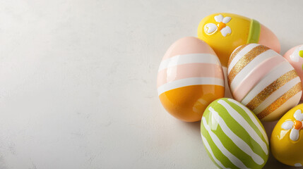 Fototapeta premium A group of colorful Easter eggs with stripe patterns and decorative flower accents are arranged on a bright white surface creating festive holiday atmosphere.