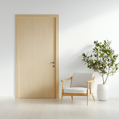Modern Interior with Wooden Door and Stylish Armchair in Sunlight