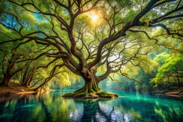 Fantasy Tree of Life Macro Photography: Intricate Roots, Luminous Water, Emerald Leaves