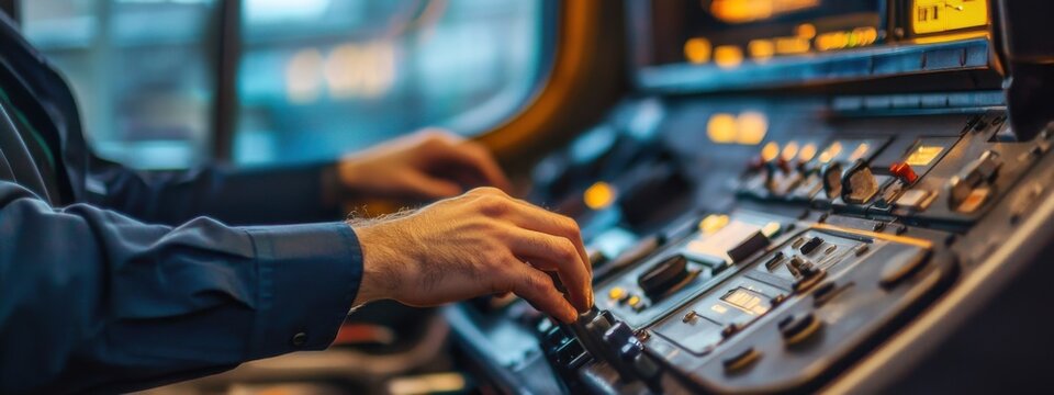 Train operator controls equipment inside locomotive during early morning shift in urban area