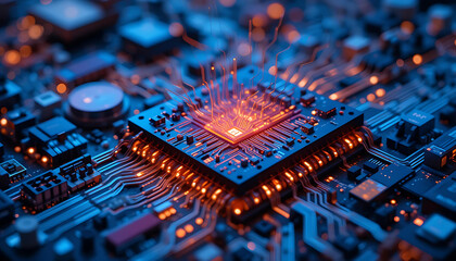 Futuristic Circuitry: Glowing Microchip at Center, Data Wires, and Intricate Components on Deep Blue Board.