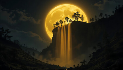 Moonlit Majesty: Golden Glow Over Cascading Waterfall, Silhouetted Pines, and Misty Hills in Enchanting Night.