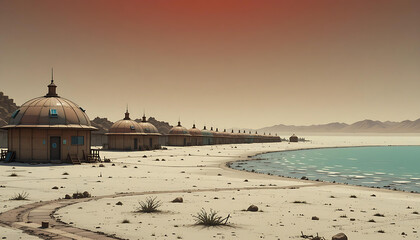 Serene Horizon: Rounded Domes and Sparse Vegetation Along Sandy Shore with Calm Waters and Distant Peaks.