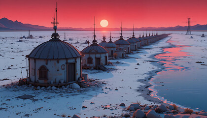 Desolate Beauty: Icy Landscape with Distant Pylons, Dome Shapes, and Warm Sunset Light Across Snow.