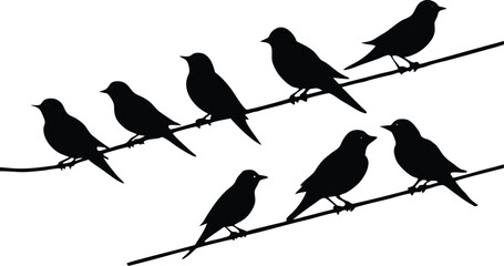Silhouette illustration of birds sitting on power lines, with one bird in flight, symbolizing freedom, nature, and urban wildlife, perfect for nature, wildlife, and freedom-themed designs.