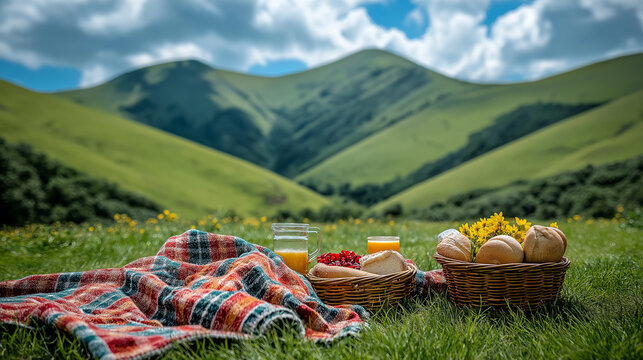 Picnic setup in a green field with mountains in the background, featuring fresh bread, juice, and fruits. ai generated images