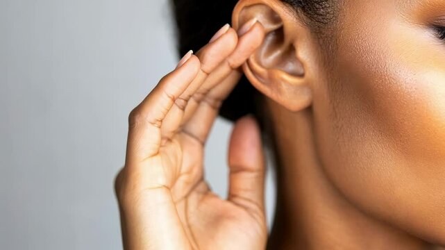 Close up of a young black woman holding her hand to her ear, struggling to hear in a quiet environment, suggesting hearing loss or difficulty understanding
