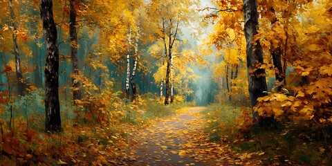 Enchanting Autumn Forest Path with Falling Golden Leaves and Sunlight