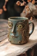 Unique handcrafted ceramic mug with intricate face design placed on rustic wooden surface