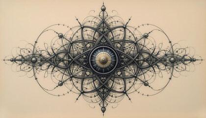 Harmonic Geometry: Circular Metallic Core Amid Spirals, Loops, and Spheres in Delicate Abstract Symmetry.
