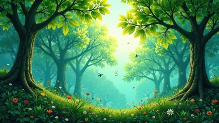 Fototapeta premium Serene Woodland Vista A Breathtaking Scene of Lush Greenery, Sunlight Dappling Through Leaves, and Vibrant Wildflowers Flourishing at the Base of Ancient Trees