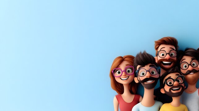Cartoon characters celebrating international joke day with big smiles and glasses