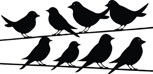 Silhouette illustration of birds sitting on power lines, with one bird in flight, symbolizing freedom, nature, and urban wildlife, perfect for nature, wildlife, and freedom-themed designs.