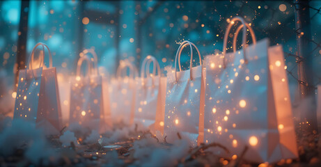 Whimsical Winter Glow: Shopping Bags Illuminated by Soft Lights, Framed by Fallen Leaves and Sparkles.