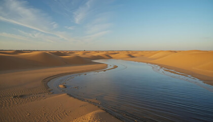 Desert Tranquility: Rolling Sand Dunes and a Winding River Create a Serene, Harmonious Landscape.