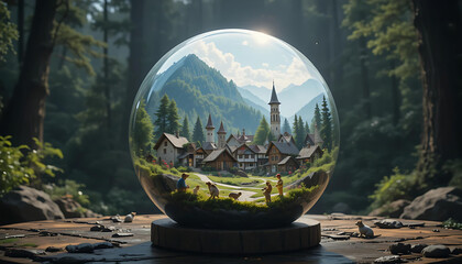 Whimsical Wonder: Snow Globe Encasing a Mountain Village, Playful Scenes, and a Tranquil Forest Backdrop.