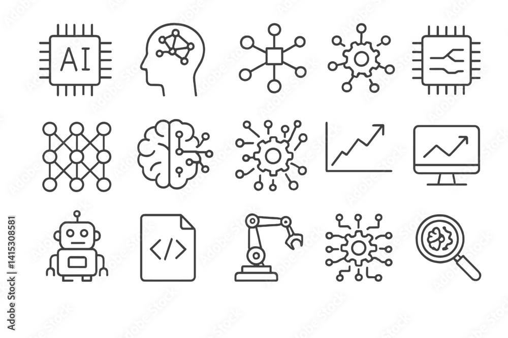 Fototapete Vector illustration of line icons representing artificial intelligence concepts and technologies in a modern design