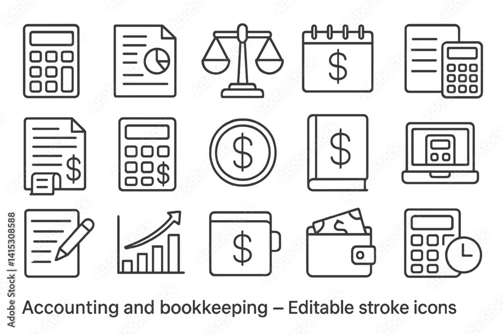 Aufkleber vector illustration of accounting and bookkeeping line icons featuring financial symbols in a minima