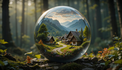 Whimsical Serenity: A Glass Sphere Encases a Charming Village, Fox Figurine, and Majestic Mountain Backdrop.