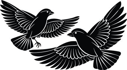 Black and white illustration of two flying birds with outstretched wings, symbolizing freedom, nature, and flight, ideal for wildlife, nature, and freedom-themed designs.