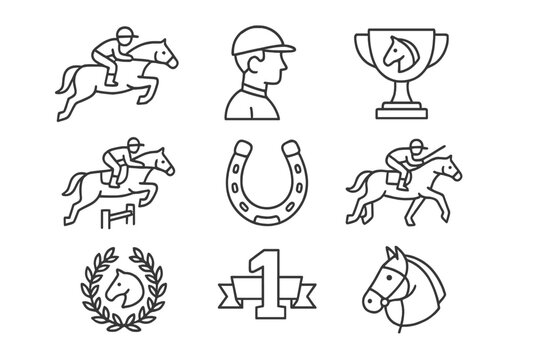 Vector illustration of equestrian symbols depicting horse racing events and achievements in a minimalistic design
