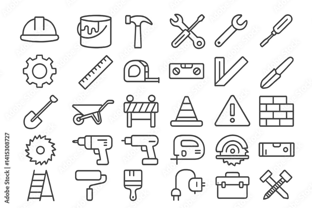 Aufkleber construction tools and equipment vector illustration featuring various icons for building and renova