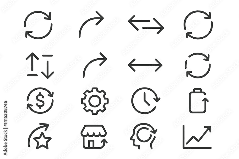 Leinwandbilder Line icons representing various concepts and functions including arrows, currency, and analytics in vector style