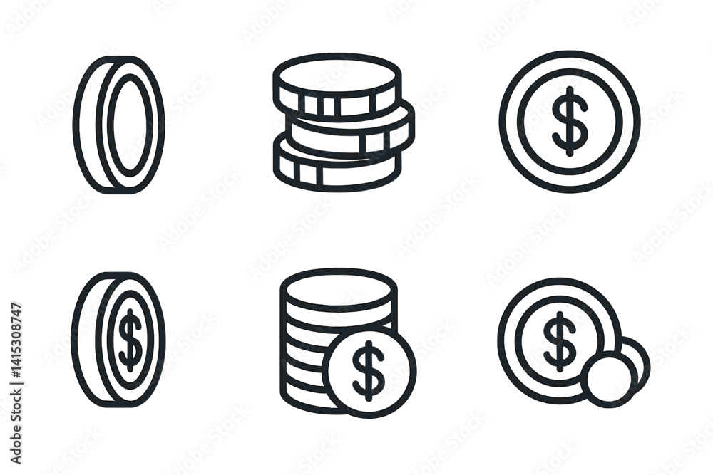 Poster vector illustration of line icons depicting various coins and currency symbols in a minimalist desig