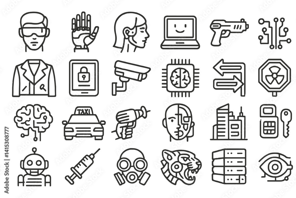 Aufkleber collection of vector illustration line icons representing technology, security, transportation, and 