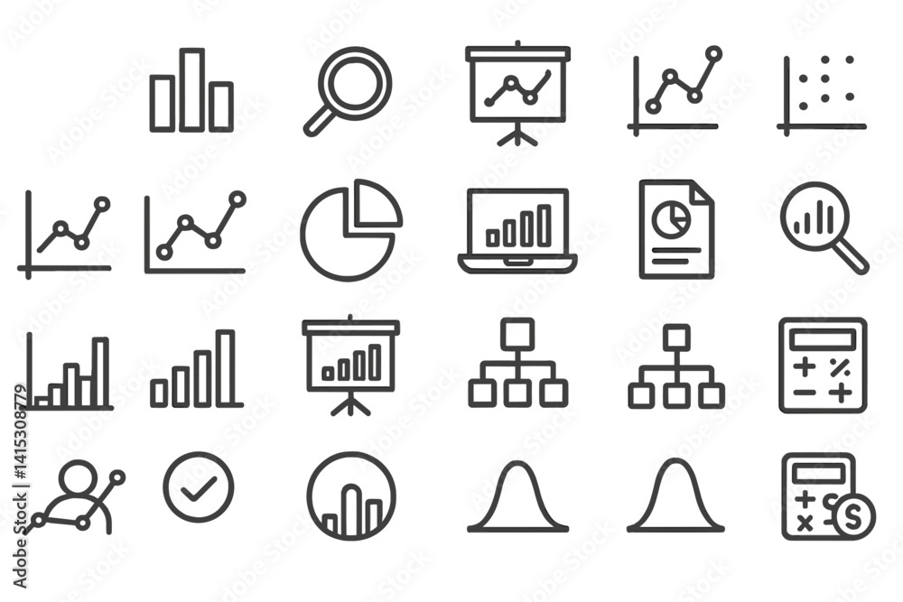 Poster Collection of vector line icons representing data analysis, graphs, statistics, and business activities for visual communication purposes