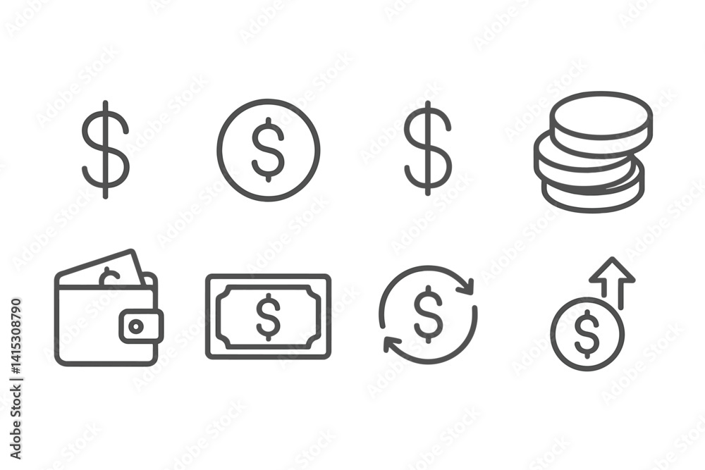 Poster line icons representing money-related concepts including currency, wallet, and coins in minimalistic