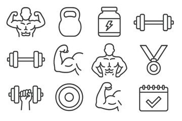 Fitness and workout vector illustration featuring line icons of gym equipment, strength training, and progress tracking