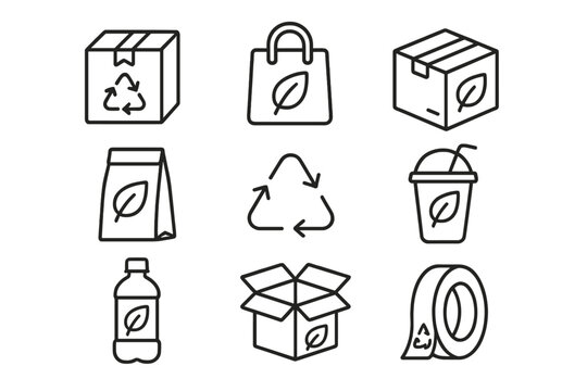 Vector illustration of eco-friendly line icons showcasing recycling and sustainable packaging concepts