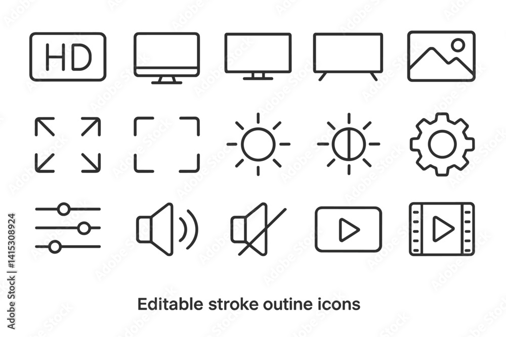 Fototapete Vector illustration of line icons for various multimedia and display functions in a simple and modern style