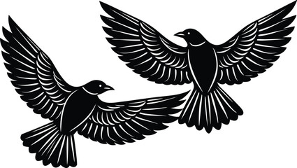 Black and white illustration of two flying birds with outstretched wings, symbolizing freedom, nature, and flight, ideal for wildlife, nature, and freedom-themed designs.