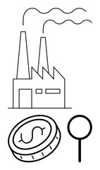 Factory emitting smoke with a coin and magnifying glass highlighting commerce, production, and evaluation. Ideal for manufacturing, analysis, transparency, economy, sustainability, trade simple