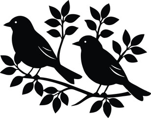  Black silhouette of two birds perched on a tree branch with leaves, symbolizing peace, nature, and harmony, ideal for wildlife, nature, and bird-themed designs.